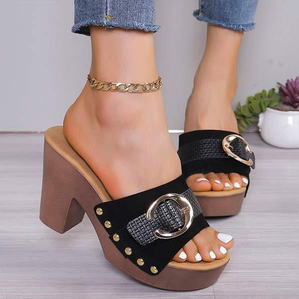 Women's High Heel Chunky Heel Sandals with Buckled Leather Straps 27510854C