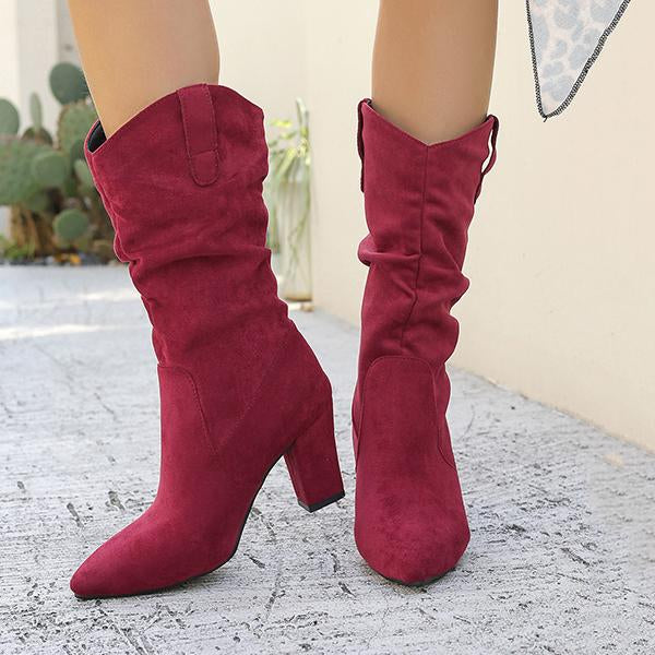 Women's Fashion Pleated Pointed Suede Mid-calf Boots 70318693S