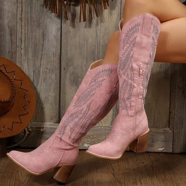 Women's Embroidered Chunky Heel Knee-High Boots 27798151C