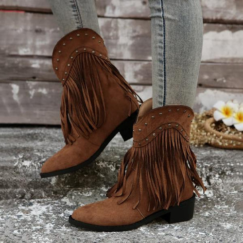 Women's Retro Studded Tassel Suede Booties 42093542S