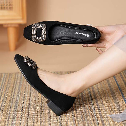 Women's Square-Toe Low-Heel Flats with Rhinestone Buckle 47621049C