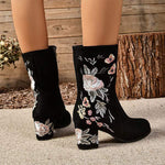 Women's Embroidered Mid-Calf Chunky Heel Martin Boots 54190232C