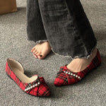 Women's Casual Plaid Pearl Pointed Toe Slip-On Flats 38569047S