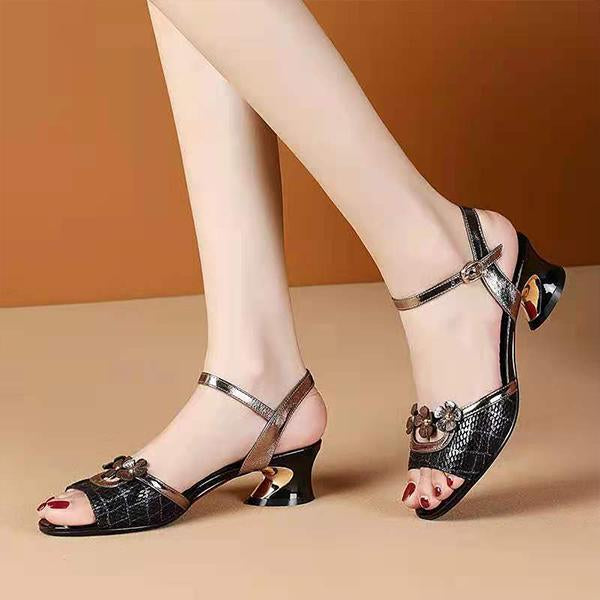 Women's Retro Flower Thick Heel Fish Mouth Sandals 41067778S