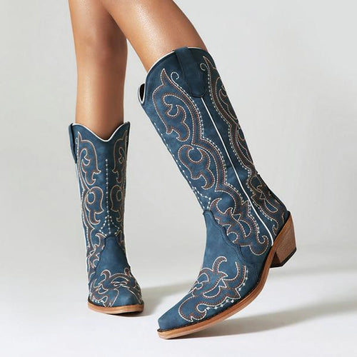 Women's Retro Embroidered Pointed Toe Tall Cowboy Boots 07732315S