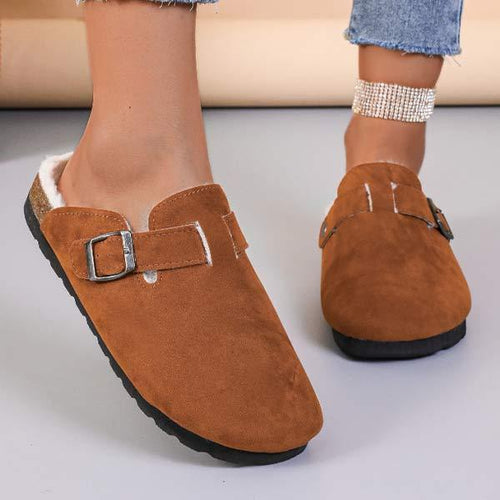 Women's Fleece-Lined Buckle Fashion Flat Slippers 60804207C