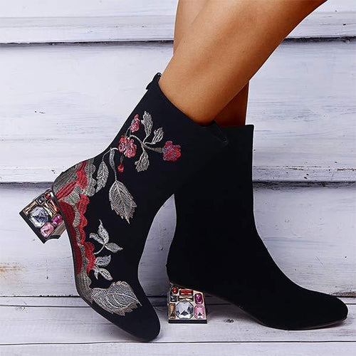 Women's Mid-Calf Fashion Boots with Floral Embroidery 90425393C