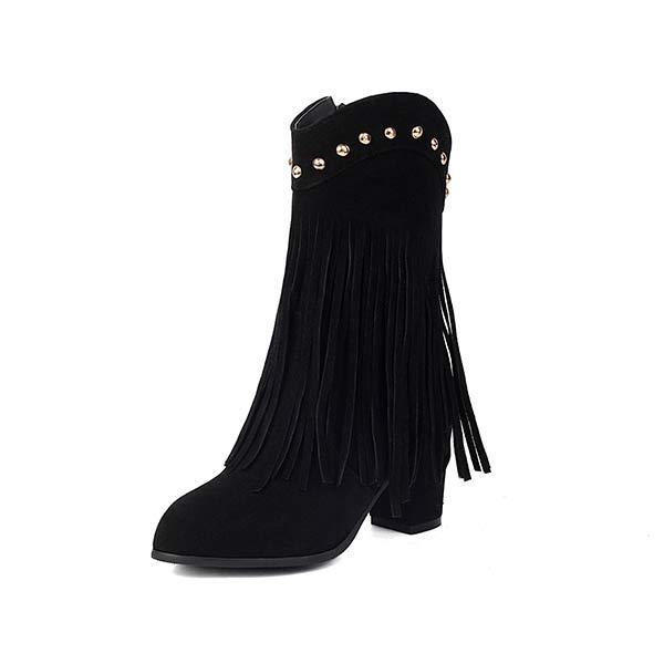 Women's High-Heeled Suede Studded Fringe Boots 89948733C