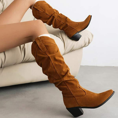 Women's Pointed Toe Chunky Heel High-Calf Boots - Vintage Suede Riding Boots 22681700C