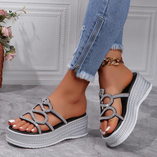 Women's Fashionable Rhinestone Snake Wedge Slippers 09733928S