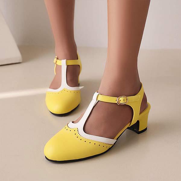 Women'S Retro Baotou Brogue Middle Heel Thick Heel T-Buckle Shoes 64068614C