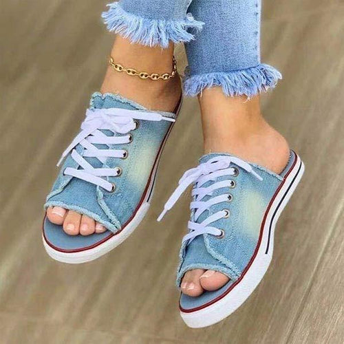 Women'S Denim Lace Up Flats 75976101C