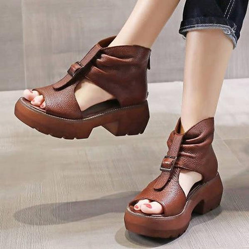 Women's Vintage Belt Buckle Fish Mouth Platform Sandals 90741025C