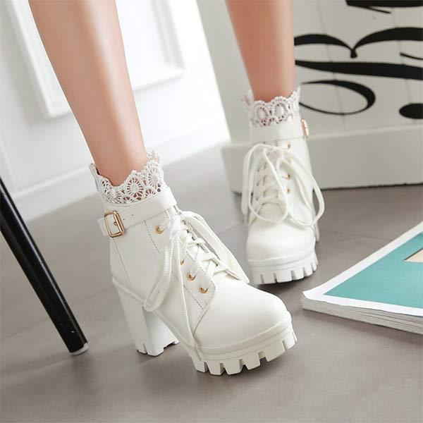 Women'S Chunky Heel Platform Lace Ankle Boots 31089323C