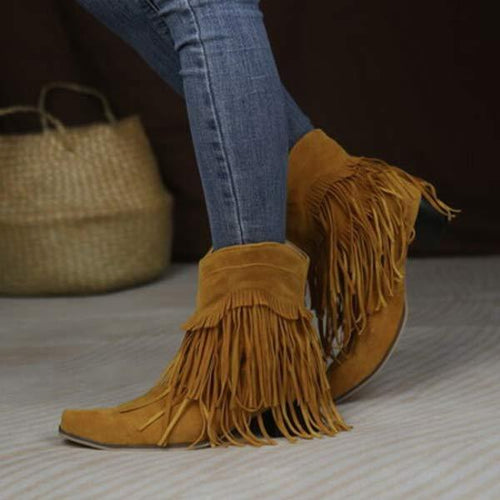 Women'S Chunky Heel Fringe Short Boots 76541909C