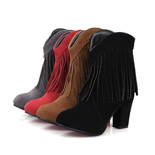 Women'S Retro Tassel Boots Round Toe Chunky Heel Ankle Boots 40261030C