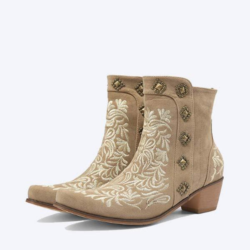 Women'S Vintage Embroidered Chunky Heel Booties 91324758C