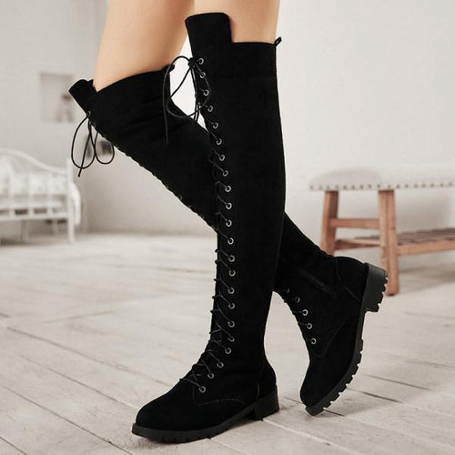 Women'S Black Lace-Up Over Knee Flat Boots 13268079