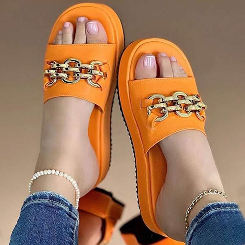 Women'S Thick Low Metal Chain Decorated Beach Slippers 55286375C