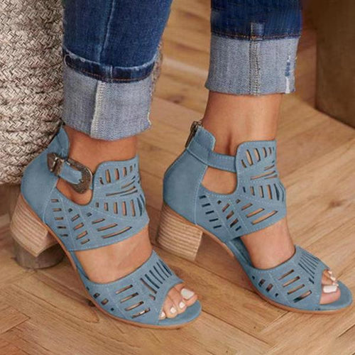 Women's Solid Color Hollow Carved Chunky Heel Sandals 35428373C