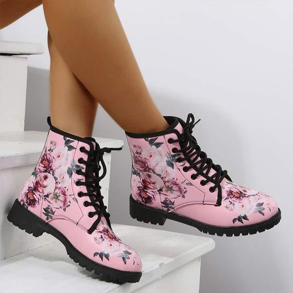 Women'S Rose Print Round Toe Flat Lace-Up Martin Boots 51197873C