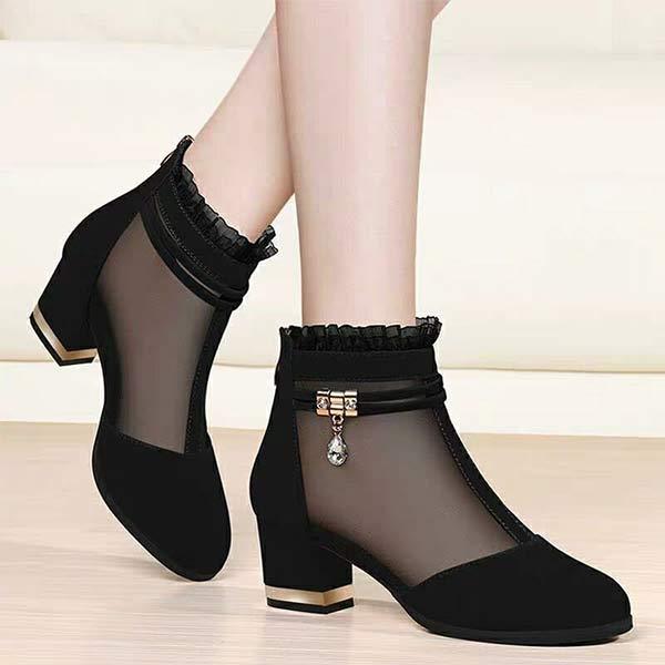 Women'S Elegant Black Mesh Block Heel Pumps 98180082