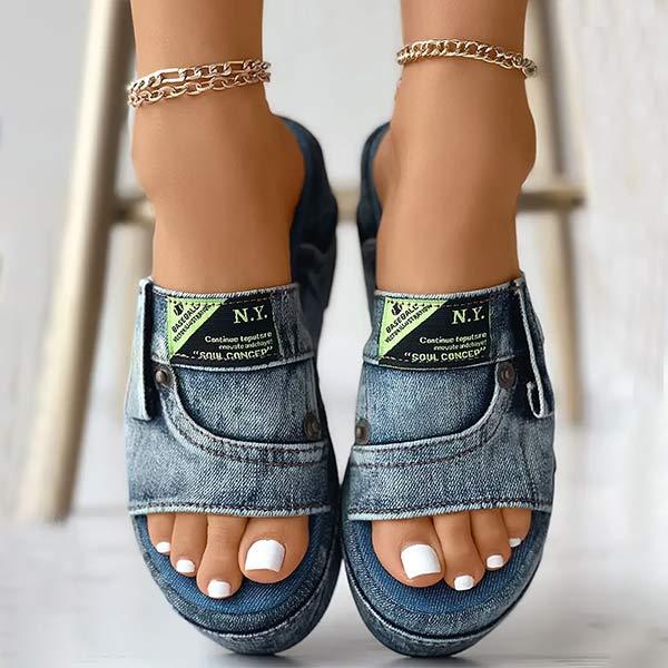 Women'S Denim Wash Cloth Platform Sandals And Slippers 78672012C