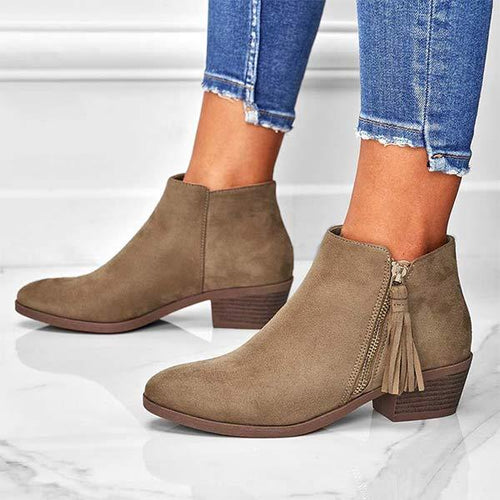 Women'S Fringe Chunky Heel Side Zip Fashion Short Boots 12274116C