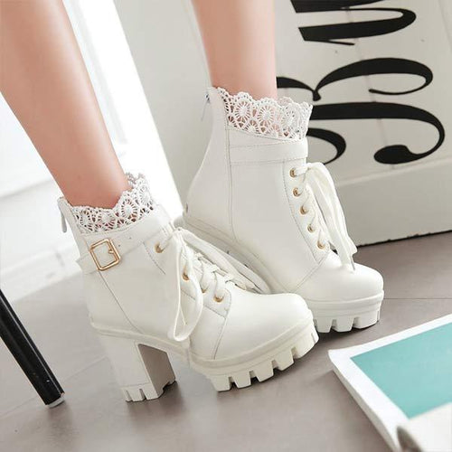 Women'S Chunky Heel Platform Lace Ankle Boots 31089323C