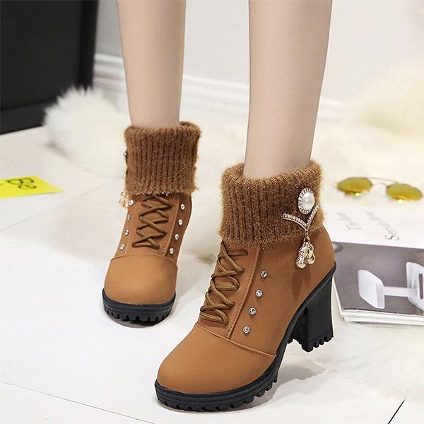 Women'S Rough-Heeled Lace-Up Rhinestone Woolly Boot 28875788C