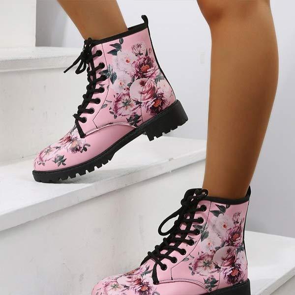 Women'S Rose Print Round Toe Flat Lace-Up Martin Boots 51197873C