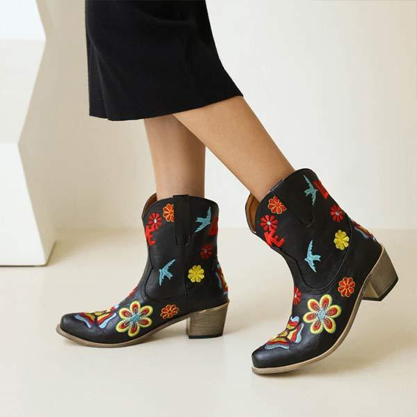 Women'S Chunky Heel Embroidered Ankle Boots 02968912C