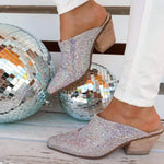 Women'S Pointed Toe Thick Heel Sequin Hot Diamond High Heel Slippers 67480430C