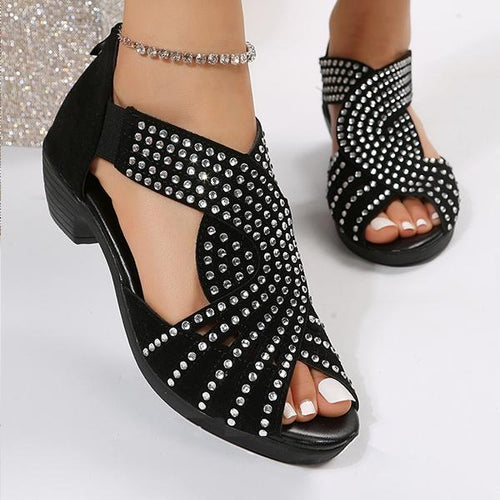 Women's Low Heel Fashion Rhinestone Hollow Chunky Heel Shoes 97671001C