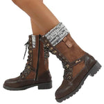 Women'S Round Toe Low Heel Sweater Flap Side Zip Mid Boots 49289253