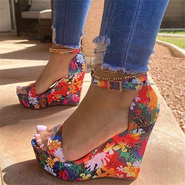 Women'S Ethnic Style Strappy Wedge Fish Mouth Buckle Sandals 41891745C