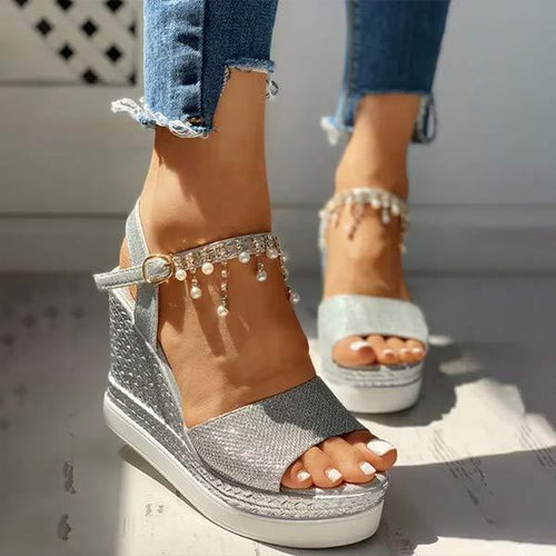 Women'S Beaded Stud Wedge Sandals 99257059C