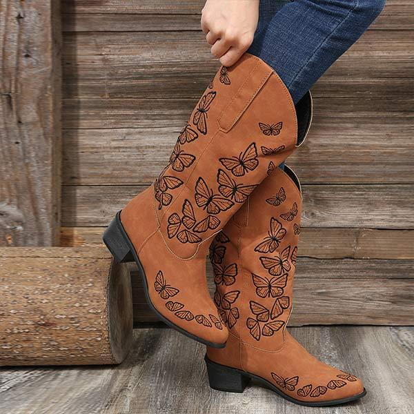Women'S Butterfly Embroidered Pointed Toe Chunky Heel Boots 85423220C