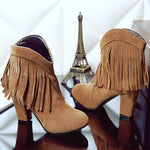 Women'S Retro Tassel Boots Round Toe Chunky Heel Ankle Boots 40261030C