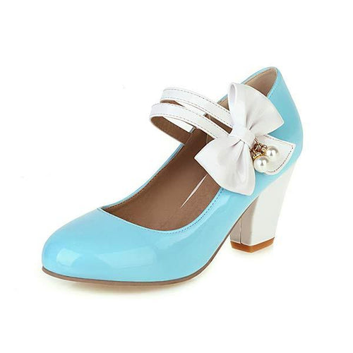 Women'S Retro Color Block Bow Block Heel High Heel Mary Jane Shoes 58727176C